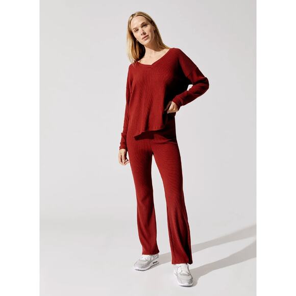 (L) NWT $128 Carbon38 Brushed Ribbed Flare Pants Rum Wine Red - Picture 4 of 8